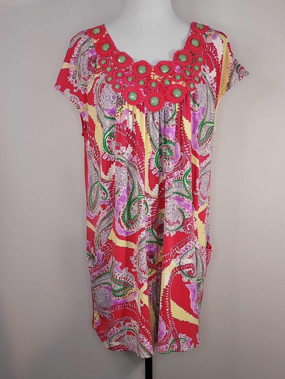 Simonton Says Pink Paisley Print Tunic Dress Crochet Neck w/ Pockets Size Medium